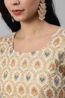 Cream Printed Cotton Kurta Palazzo With Dupatta Set