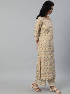 Cream Printed Cotton Kurta Palazzo With Dupatta Set 5