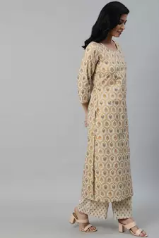 Cream Printed Cotton Kurta Palazzo With Dupatta Set