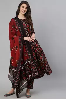 Black Printed Cotton Kurta Trouser With Dupatta Set