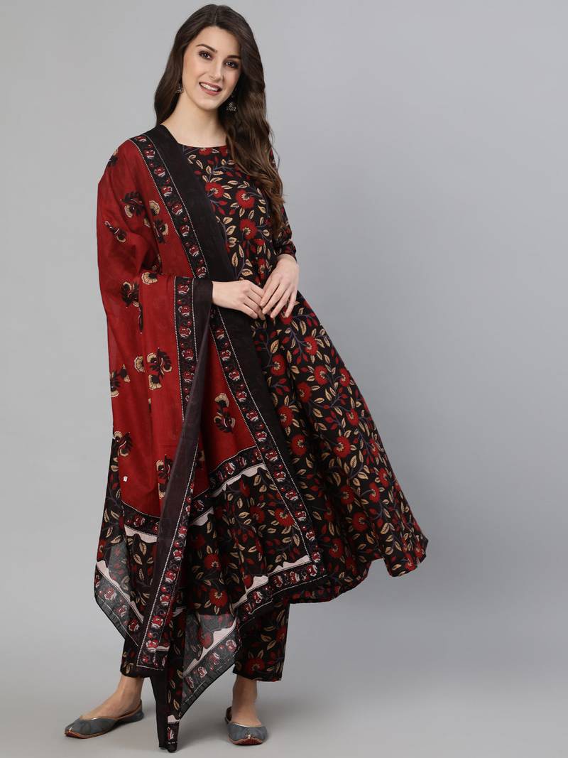 Black Printed Cotton Kurta Trouser With Dupatta Set