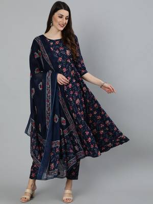 Navy Blue Printed Cotton Kurta Trouser With Dupatta Set 1