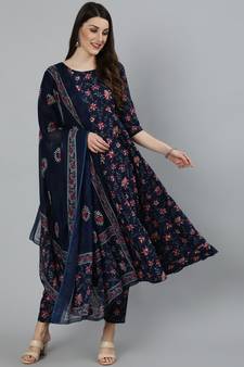 Navy Blue Printed Cotton Kurta Trouser With Dupatta Set