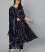 Navy Blue Printed Cotton Kurta Trouser With Dupatta Set