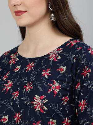 Navy Blue Printed Cotton Kurta Trouser With Dupatta Set 2