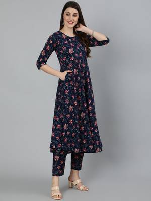 Navy Blue Printed Cotton Kurta Trouser With Dupatta Set 5