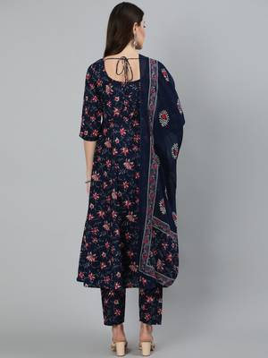 Navy Blue Printed Cotton Kurta Trouser With Dupatta Set 6