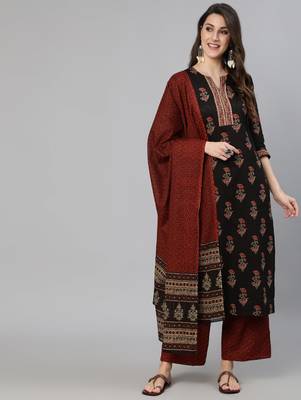 Black Printed Cotton Kurta Palazzo With Dupatta Set 1