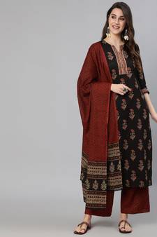 Black Printed Cotton Kurta Palazzo With Dupatta Set