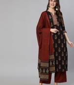 Black Printed Cotton Kurta Palazzo With Dupatta Set