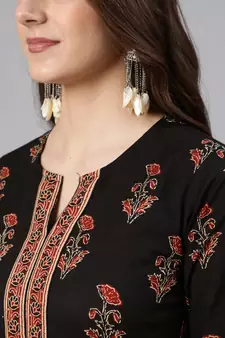 Black Printed Cotton Kurta Palazzo With Dupatta Set