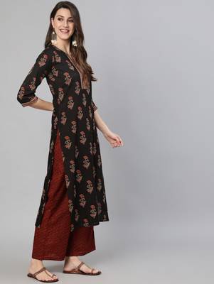 Black Printed Cotton Kurta Palazzo With Dupatta Set 5