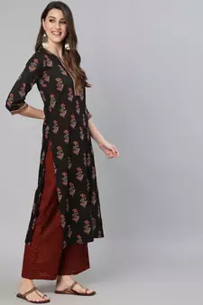 Black Printed Cotton Kurta Palazzo With Dupatta Set