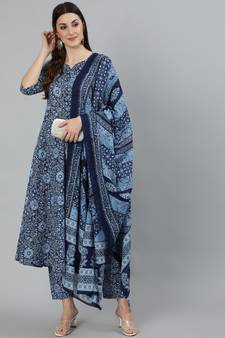 Blue Printed Cotton Kurta Palazzo With Dupatta Set