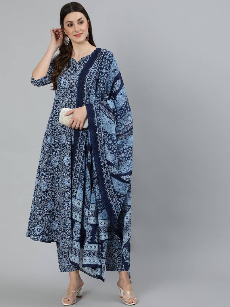 Blue Printed Cotton Kurta Palazzo With Dupatta Set