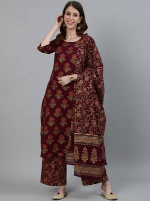 Burgundy Printed Cotton Kurta Palazzo With Dupatta Set 1