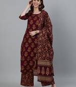 Burgundy Printed Cotton Kurta Palazzo With Dupatta Set