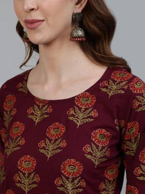 Burgundy Printed Cotton Kurta Palazzo With Dupatta Set 2