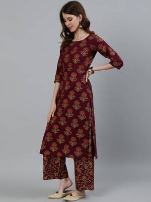 Burgundy Printed Cotton Kurta Palazzo With Dupatta Set 4
