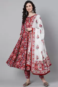 Red Printed Cotton Kurta Trouser With Dupatta Set