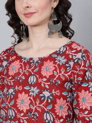 Red Printed Cotton Kurta Trouser With Dupatta Set 3