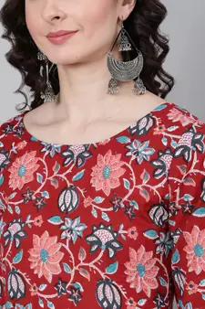 Red Printed Cotton Kurta Trouser With Dupatta Set