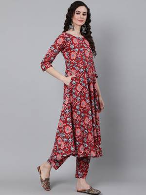 Red Printed Cotton Kurta Trouser With Dupatta Set 6