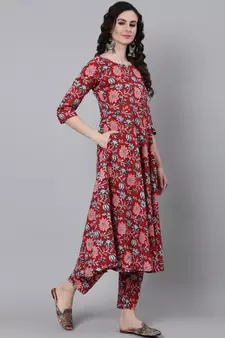 Red Printed Cotton Kurta Trouser With Dupatta Set