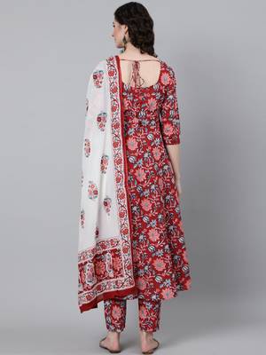 Red Printed Cotton Kurta Trouser With Dupatta Set 7