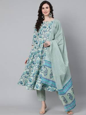 Green Printed Cotton Kurta Trouser With Dupatta Set 1