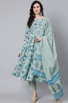 Green Printed Cotton Kurta Trouser With Dupatta Set