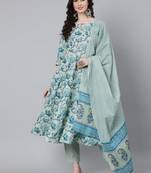 Green Printed Cotton Kurta Trouser With Dupatta Set