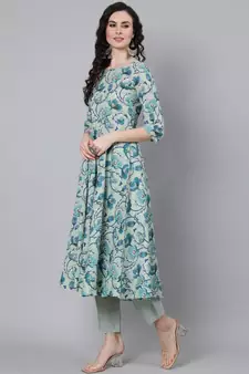 Green Printed Cotton Kurta Trouser With Dupatta Set