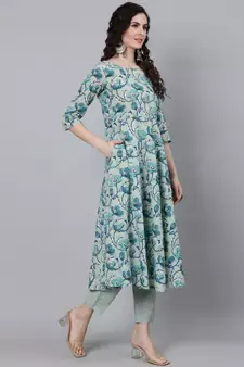 Green Printed Cotton Kurta Trouser With Dupatta Set