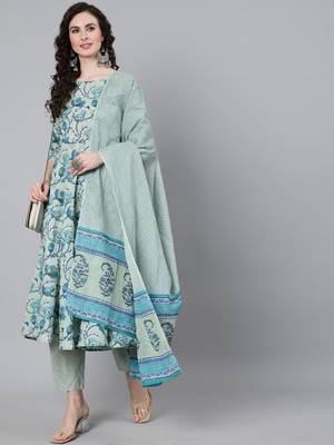 Green Printed Cotton Kurta Trouser With Dupatta Set 4