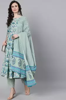 Green Printed Cotton Kurta Trouser With Dupatta Set
