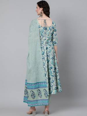 Green Printed Cotton Kurta Trouser With Dupatta Set 5