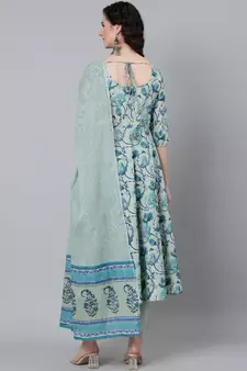 Green Printed Cotton Kurta Trouser With Dupatta Set