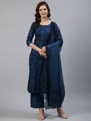 Indigo Printed Cotton Kurta Palazzo With Dupatta Set 1