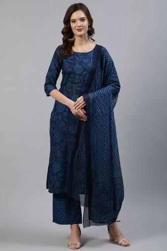 Indigo Printed Cotton Kurta Palazzo With Dupatta Set
