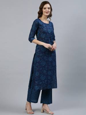 Indigo Printed Cotton Kurta Palazzo With Dupatta Set 4