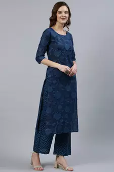 Indigo Printed Cotton Kurta Palazzo With Dupatta Set