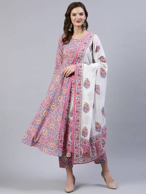 Pink Printed Cotton Kurta Trouser With Dupatta Set 1