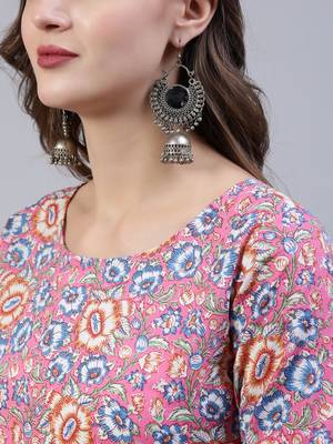 Pink Printed Cotton Kurta Trouser With Dupatta Set 2