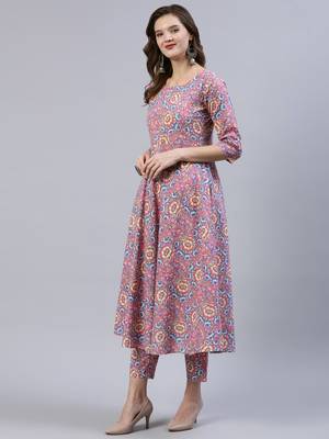 Pink Printed Cotton Kurta Trouser With Dupatta Set 5