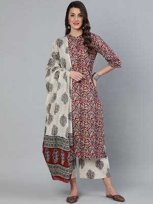 Maroon Printed Cotton Kurta Palazzo With Dupatta Set 1