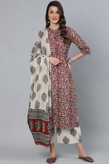 Maroon Printed Cotton Kurta Palazzo With Dupatta Set