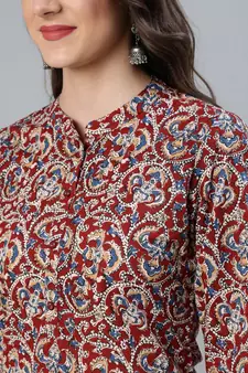 Maroon Printed Cotton Kurta Palazzo With Dupatta Set