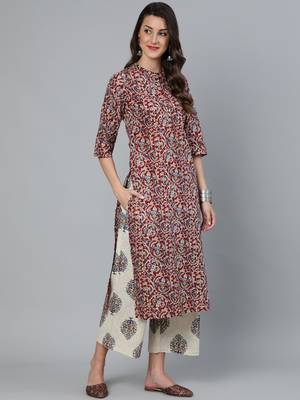Maroon Printed Cotton Kurta Palazzo With Dupatta Set 5