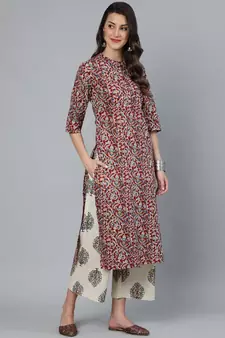 Maroon Printed Cotton Kurta Palazzo With Dupatta Set